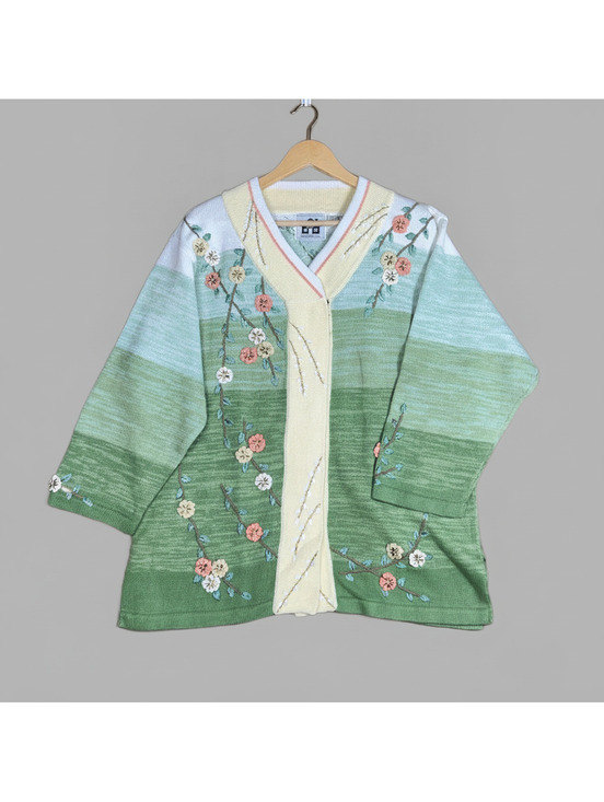 Storybook Knits Sweaters - Vintage Storybook Knits Green Floral Embroidered Cardigan Sweater 1X Cottagecore